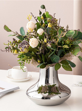 热销现代简约样板间餐桌台面插花器银色装饰品电镀陶瓷大号花瓶摆