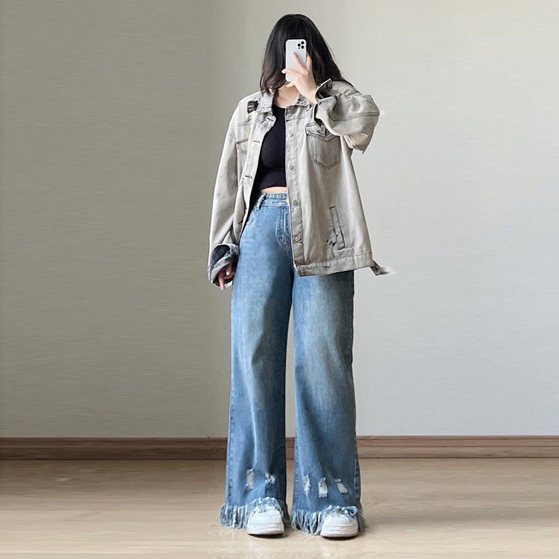 特大码胖mm破洞流苏直筒裤女秋冬季新款松紧腰宽松显瘦阔腿长,淘宝优惠券,粉丝福利购,淘宝优惠卷