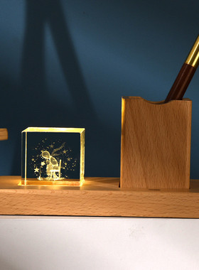 木质底座水晶3d内雕发光笔筒办公商务礼品摆件书桌可