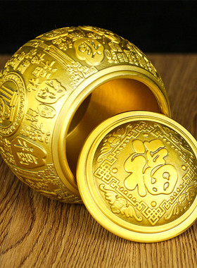 黄铜百福缸带盖黄铜米缸聚宝盆茶叶罐铜水缸存钱罐精致客厅装饰品