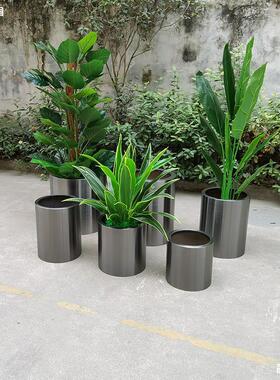 。圆筒不锈钢花盆钛黑酒店花器租写字楼摆套盆室内盆栽圆