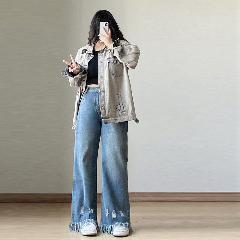 特大码胖mm破洞流苏直筒裤女秋冬季新款松紧腰宽松显瘦阔腿长,淘宝优惠券,粉丝福利购,淘宝优惠卷