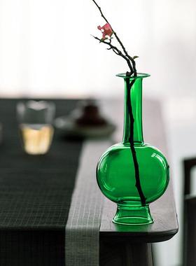 仿宋直花瓶雀蓝磨砂玻璃颈仿古透明净瓶文人古典台面新中式插花器