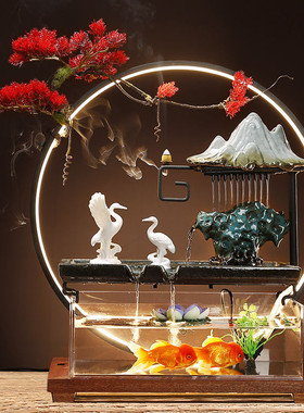 新中式禅意循环流水摆件喷泉鱼缸雨帘灯办公室创意家居圈桌面景观