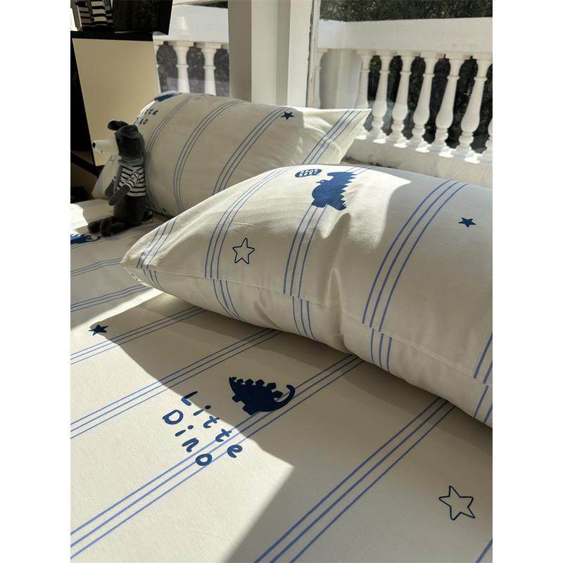 约蓝色条纹恐龙纯棉床笠床单单件1.35米保护套全棉床罩宿舍男生,淘宝优惠券,粉丝福利购,淘宝优惠卷