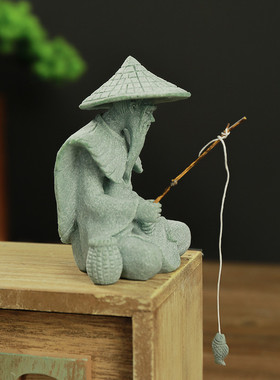 青砂石姜太公钓鱼创意假山流水摆件鱼池装饰品盆栽景观鱼缸内造景