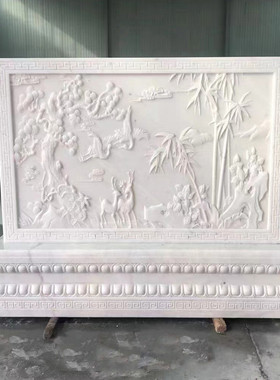 石雕影壁墙青石浮雕壁画仿古镂空窗花屏风墙门口刻字浮雕石墙