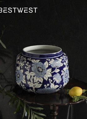 热销西博家居中式青花描金四方盒首饰盒家居轻奢软装储藏罐装饰品