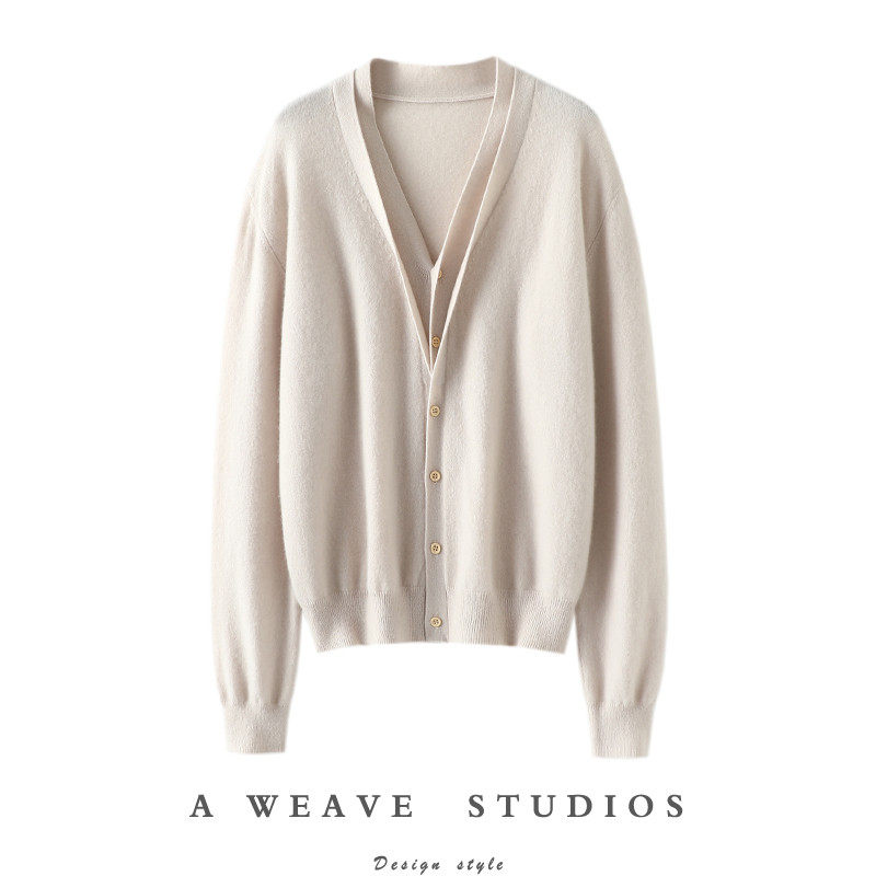 斯文优雅~假两件双V领开衫女纯毛衣开衫宽松秋冬,淘宝优惠券,粉丝福利购,淘宝优惠卷