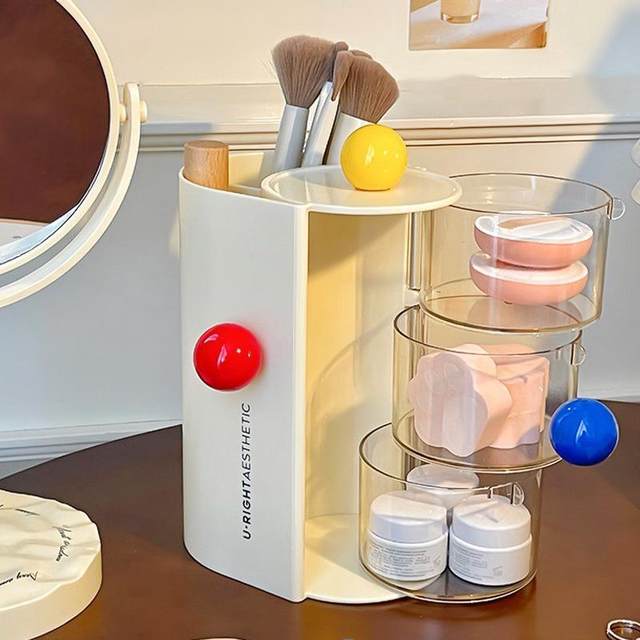 Dopamine makeup brush powder puff storage box desktop dressing table cotton beauty egg storage rack rotating dustproof