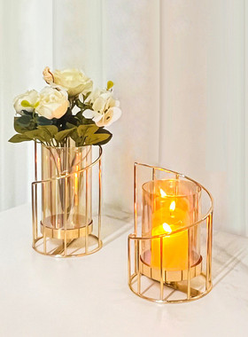 北欧创意轻奢金属玻璃花瓶餐桌铁艺花瓶装饰家居客厅干花插花摆件