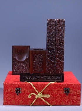 黑檀雕龙书法镇尺镇书房摆件红木书檀木logo荷花文房四宝套装