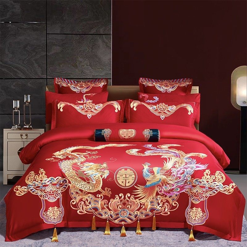 新婚庆四件套大红全棉刺绣结婚房嫁喜被龙凤纯棉六十件套床上用品,淘宝优惠券,粉丝福利购,淘宝优惠卷