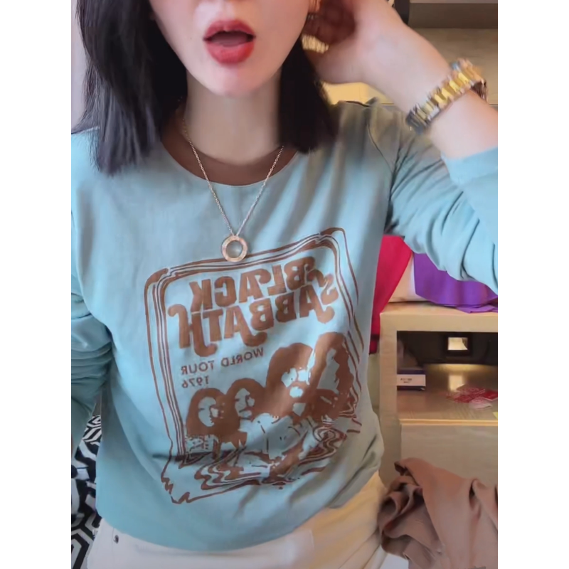 撞色领口长袖恤女2024早春新款时尚百搭四小人印花大码打底衫潮,淘宝优惠券,粉丝福利购,淘宝优惠卷