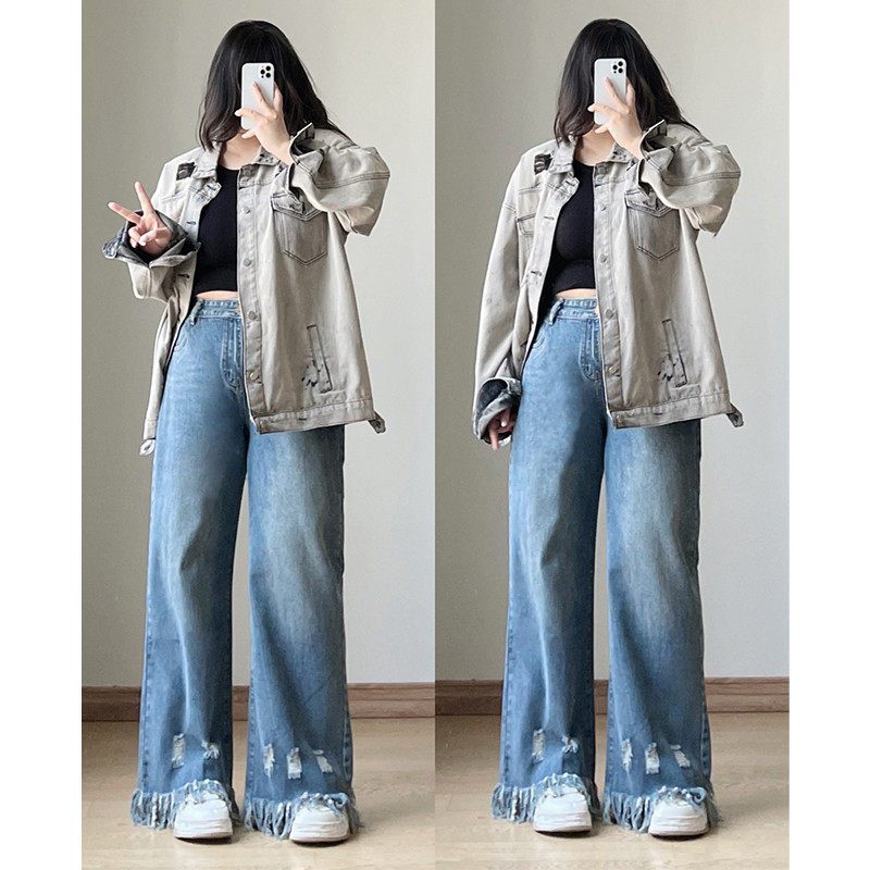 特大码胖mm破洞流苏直筒裤女秋冬季新款松紧腰宽松显瘦阔腿长,淘宝优惠券,粉丝福利购,淘宝优惠卷