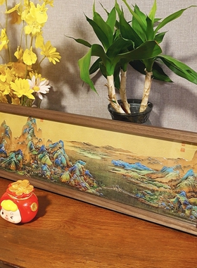 桌摆台铜板画师傅手工雕刻千里江山-家庭挂画办公装饰画柜摆台画