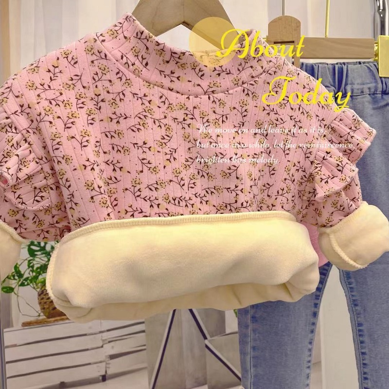 女童加绒小飞袖冬款打底衫宝宝冬季新品半高领加厚保暖休闲上衣潮