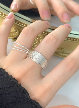 JZ112韩版INS小众多层银线宽面S925纯银戒指千丝万缕重叠银丝指环