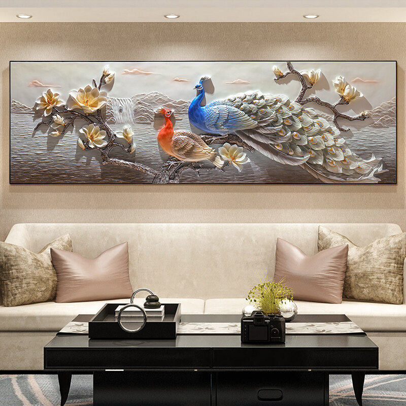 现代简约3d立体装饰画客厅沙发电视背景墙面挂画横幅孔雀浮雕壁画 必应鸟