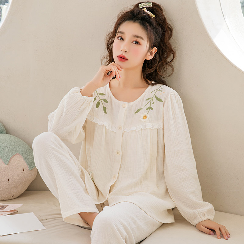 家时光夏季纯棉纱布月子服产后睡衣 hthome家时光叙威家居服套装