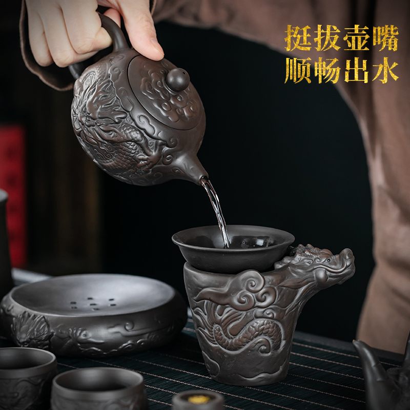 宜兴紫砂茶具套装家用泡茶壶高档浮雕功夫茶道办公接待礼品喝茶杯