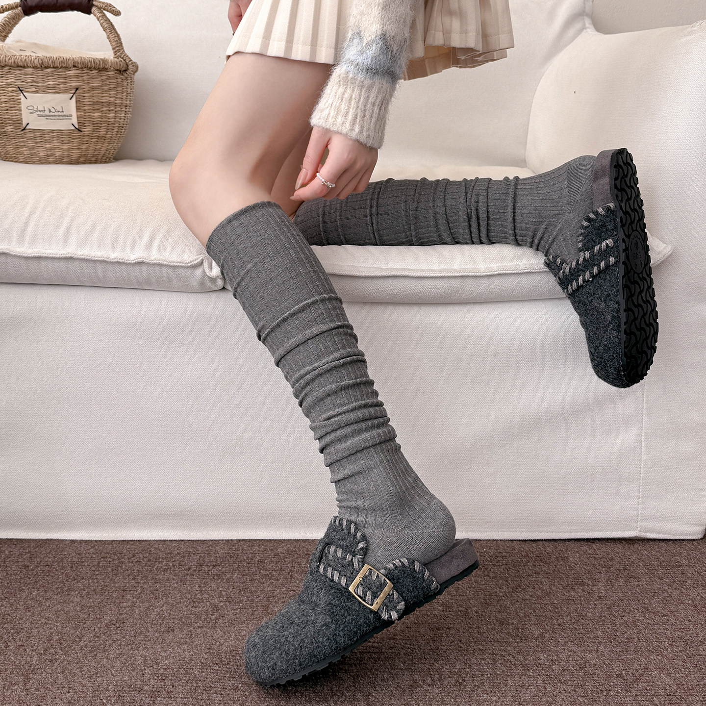灰色过膝袜女秋冬堆堆袜配勃肯鞋冬季小腿袜长袜白色长筒袜配靴子,淘宝优惠券,粉丝福利购,淘宝优惠卷