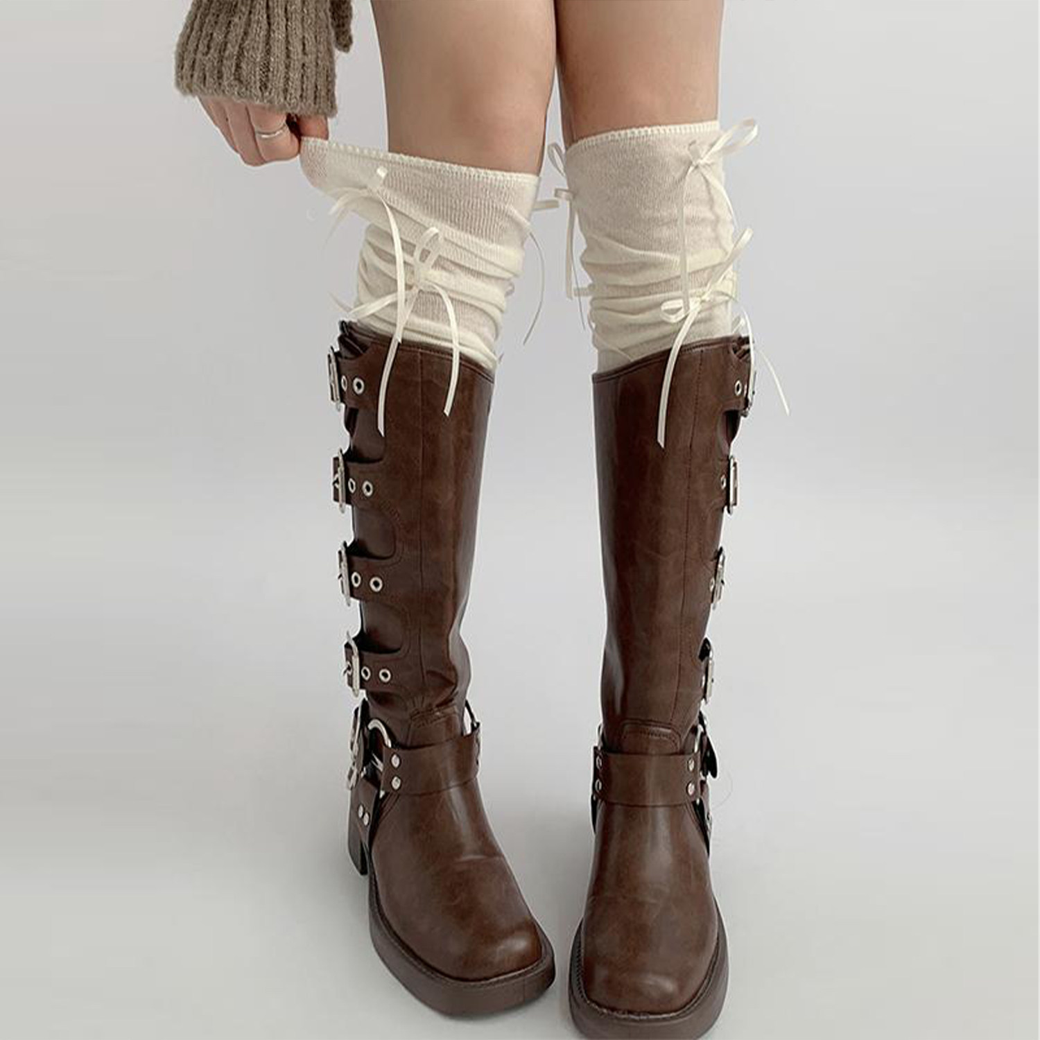 白色蝴蝶结堆堆过膝袜子女春秋款长筒袜配靴子薄款jk芭蕾风小腿袜,淘宝优惠券,粉丝福利购,淘宝优惠卷