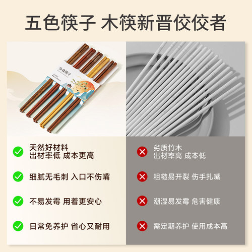 鸡翅木筷子一人一筷家用饭桌高档抗菌防霉木质防滑五色实木筷子 - 图0
