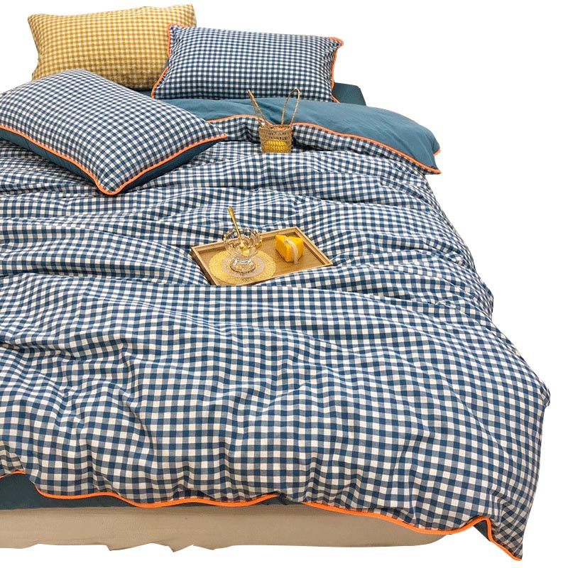 北极绒天丝专卖店全棉色织水洗棉四件套无印格子混搭北欧风简约床笠床单款纯棉被套0