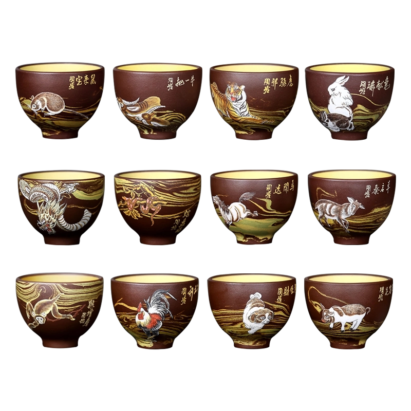 杯中乾坤 名家紫砂品茗杯陶岭张小岭十二生肖套装泥绘杯功夫茶杯