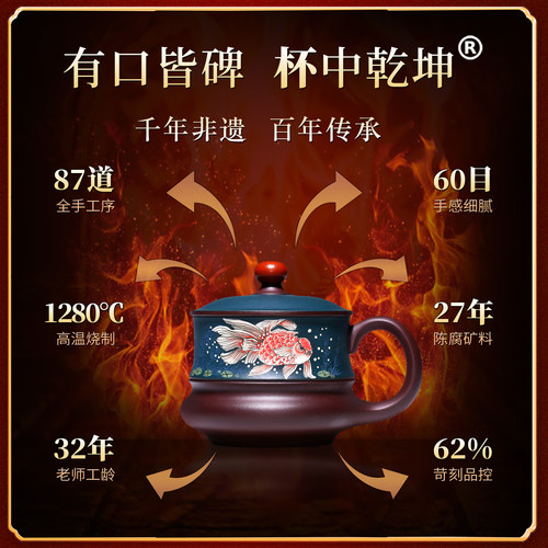 紫砂杯纯手工男女杯子带盖办公泡茶杯内胆过滤茶具双鱼情侣杯送人 - 图2