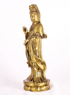 铜观音菩萨佛像摆件纯黄铜如意观音站像寺庙家居佛堂供奉装饰礼品