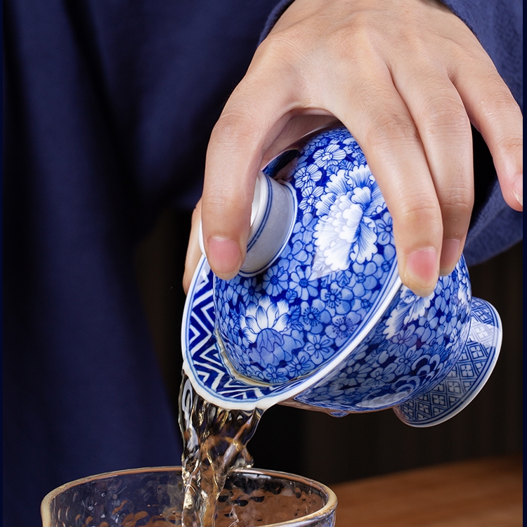 玖廷纯手工三才盖碗茶杯 景德镇手绘陶瓷青花瓷茶碗功夫茶泡茶碗