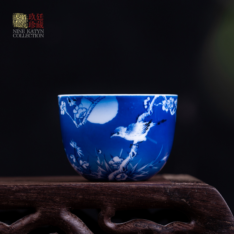 玖廷手工陶瓷功夫茶具品茗杯 景德镇手绘青花瓷主人杯单个小茶杯