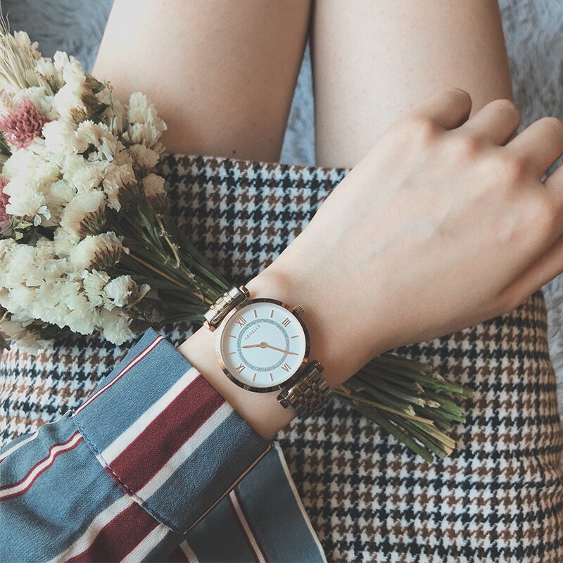 正品女士简约钢带防水休闲女生表 agnelle国产腕表