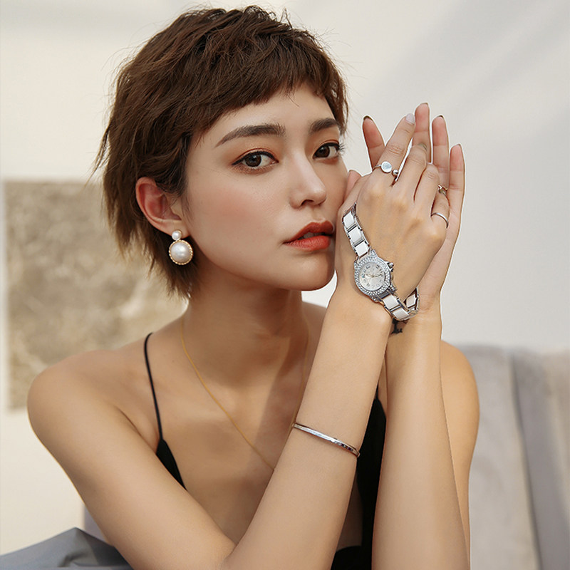 安歌女士潮流水钻陶瓷韩版石英表 agnelle国产腕表