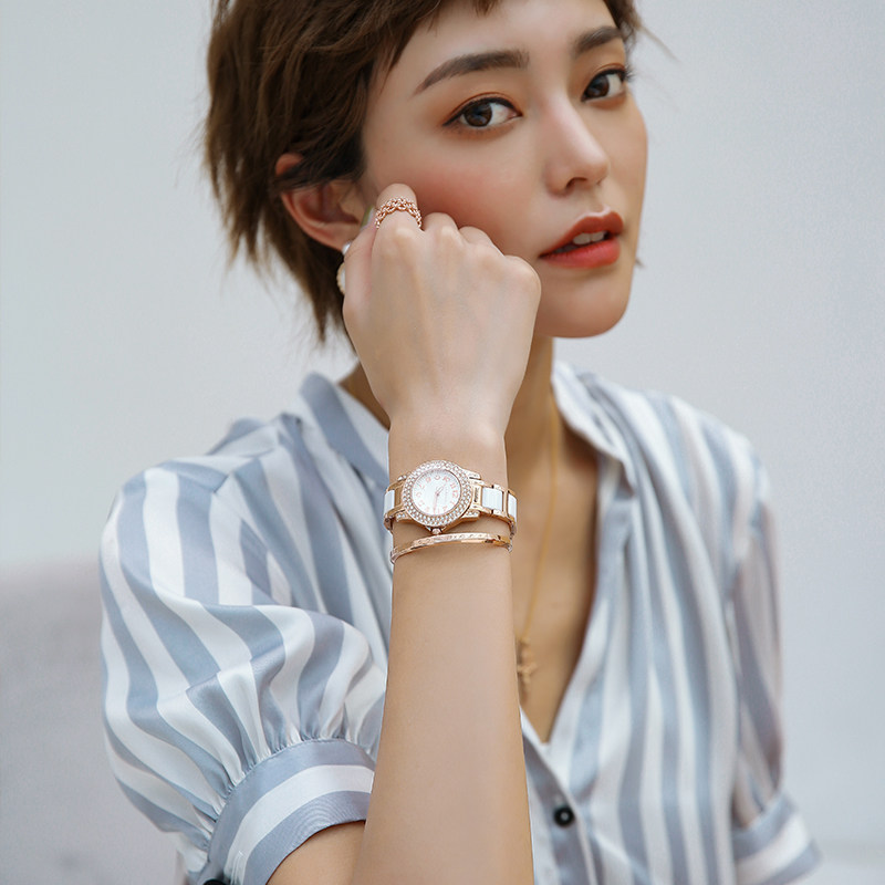 安歌女士潮流水钻陶瓷韩版石英表 agnelle国产腕表