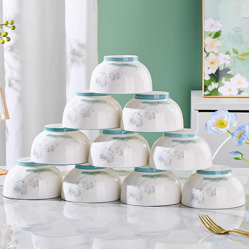 陶瓷碗家用10个吃饭碗套装简约清新餐具加厚面碗2025新款碗碟套装,淘宝优惠券,粉丝福利购,淘宝优惠卷