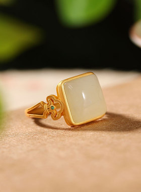 S925纯银镀金天然和田玉戒指复古