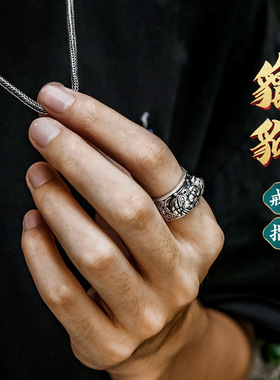 新款S925纯银复古财神咒貔貅戒指