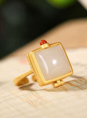 S925纯银镀金天然和田玉戒指复古