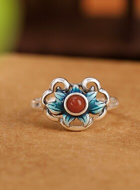 S925纯银镀金镂空珐琅莲花银戒指