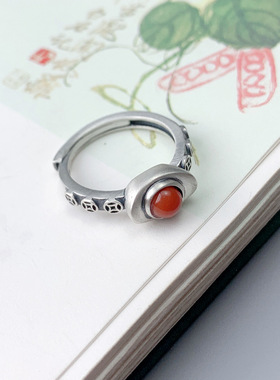 S925纯银南红铜钱小元宝戒指女活