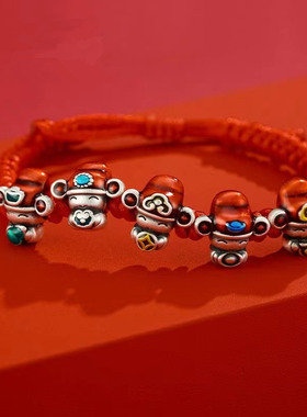 足银珐琅彩五路财神红黑绳手链本
