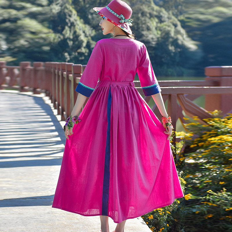 民族风连衣裙春夏季新款棉麻裙子 媚娇兰大码女装