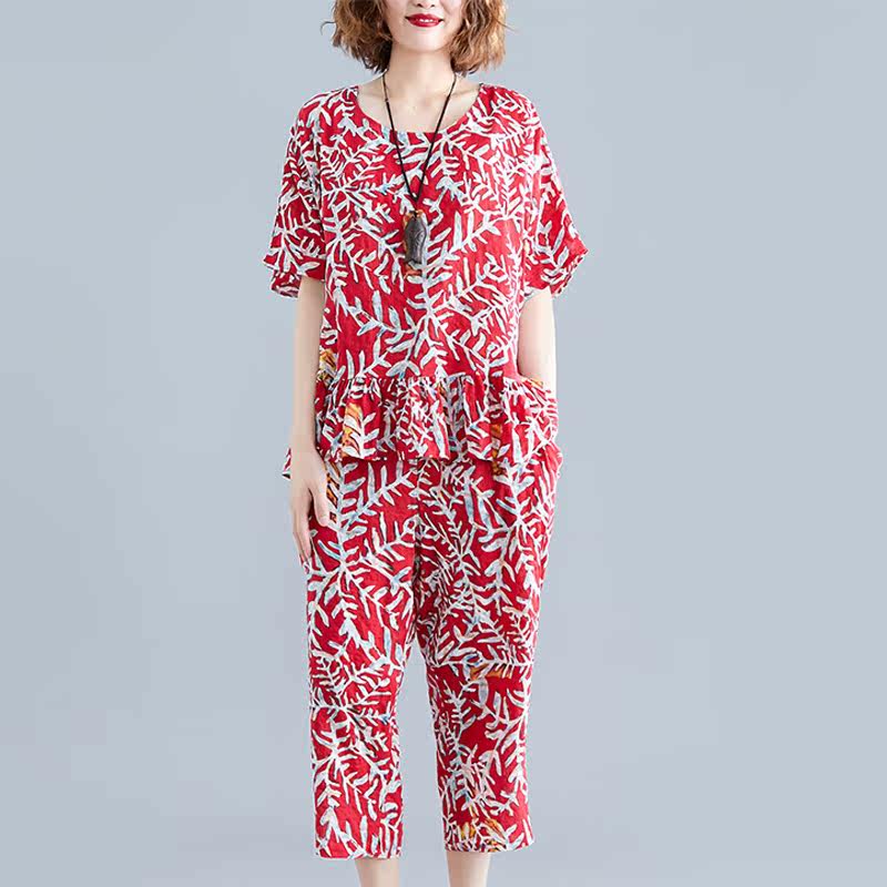 大码女装胖mm民族风碎花两件套洋气 媚娇兰大码女装