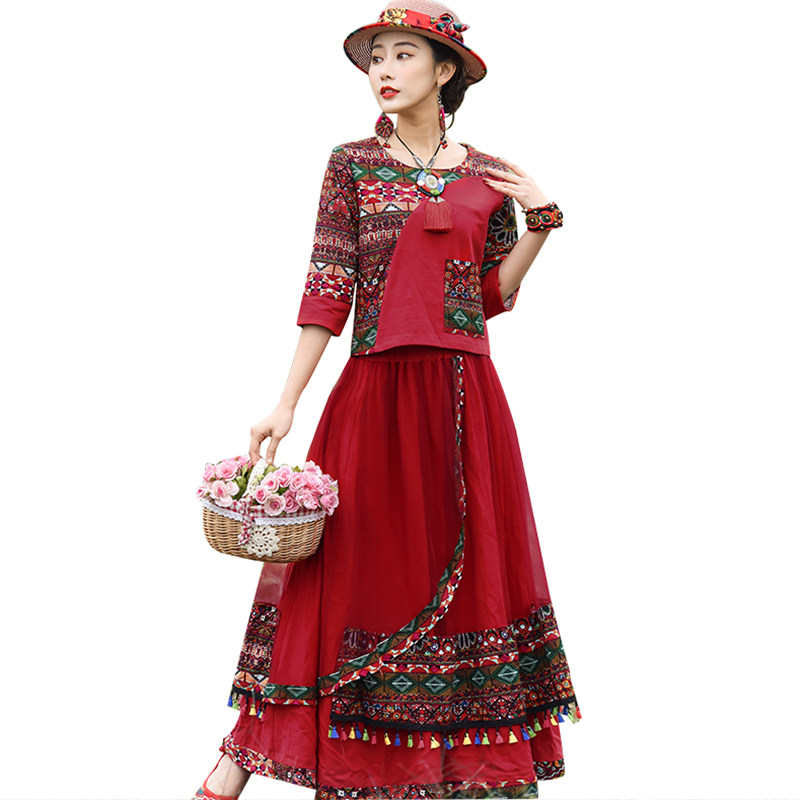 胖mm碎花民族风连衣裙 媚娇兰大码女装