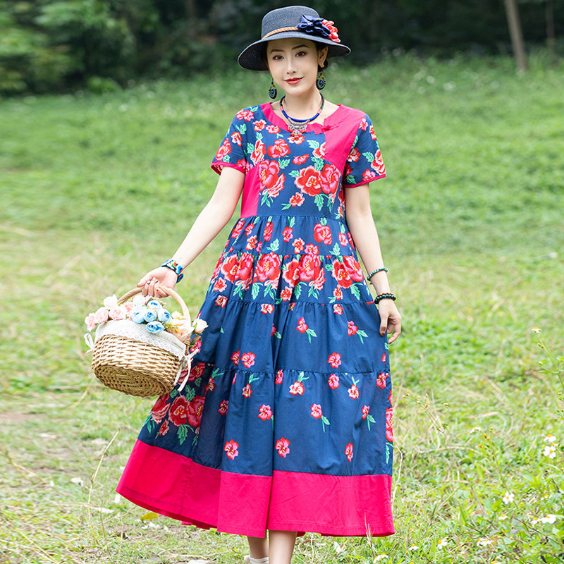 2020新款大码民族风盘扣碎花连衣裙 媚娇兰大码女装