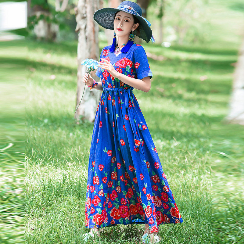 复古民族风收腰显瘦碎花连衣裙 媚娇兰大码女装