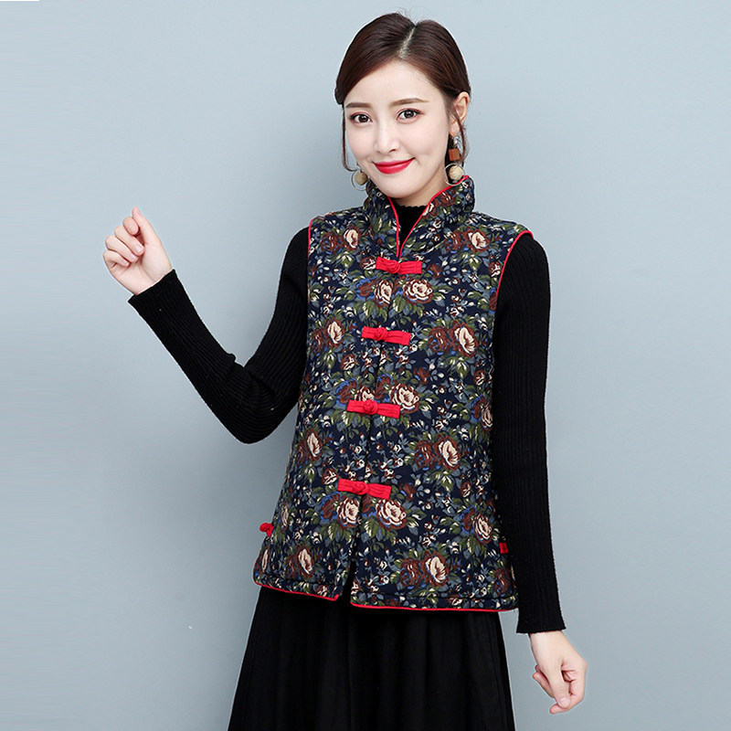 秋冬无袖大码装复古夹棉麻碎花马甲 媚娇兰大码女装